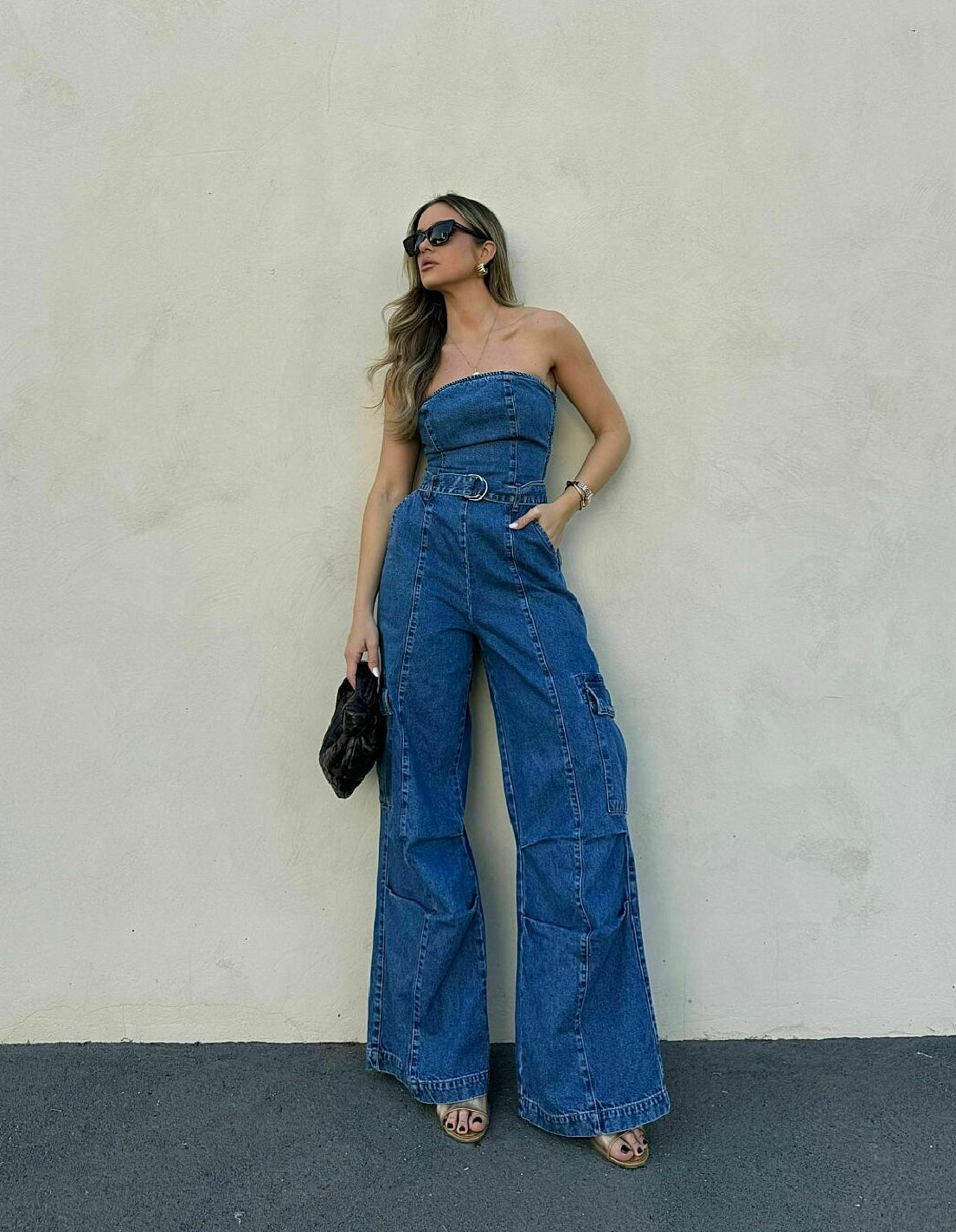 Macacão Faixa Cargo Utility Jeans
