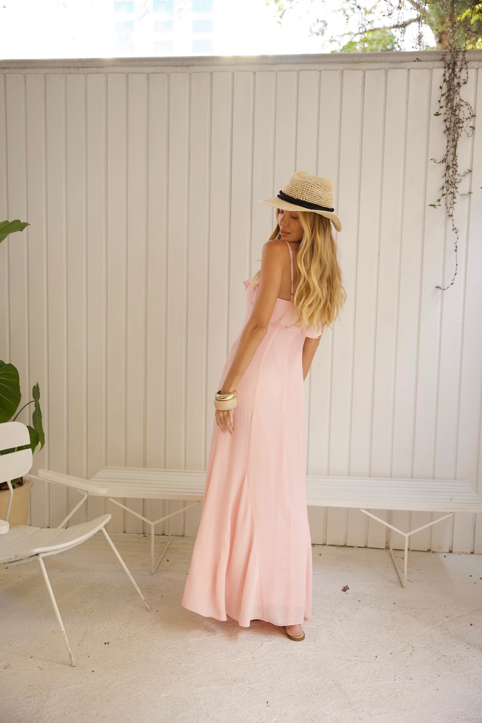 Vestido Longo Babados em Chiffon