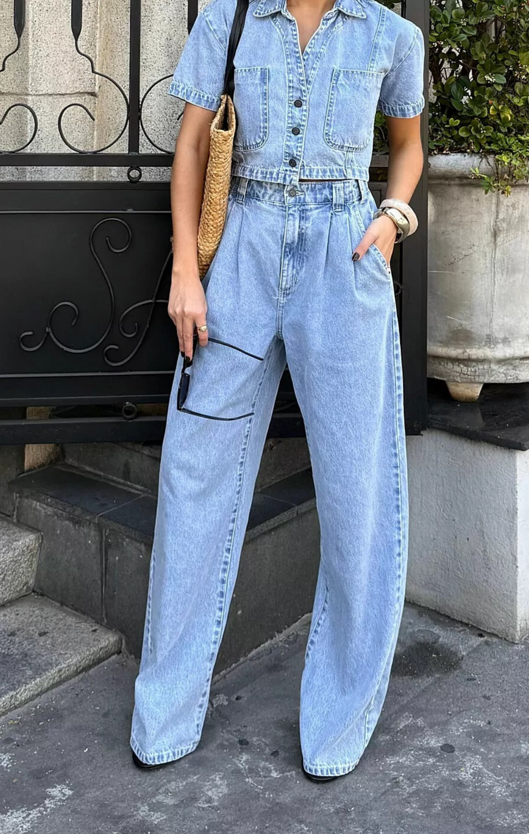 Calça Pantalona Jeans Cós Elástico Azzurra