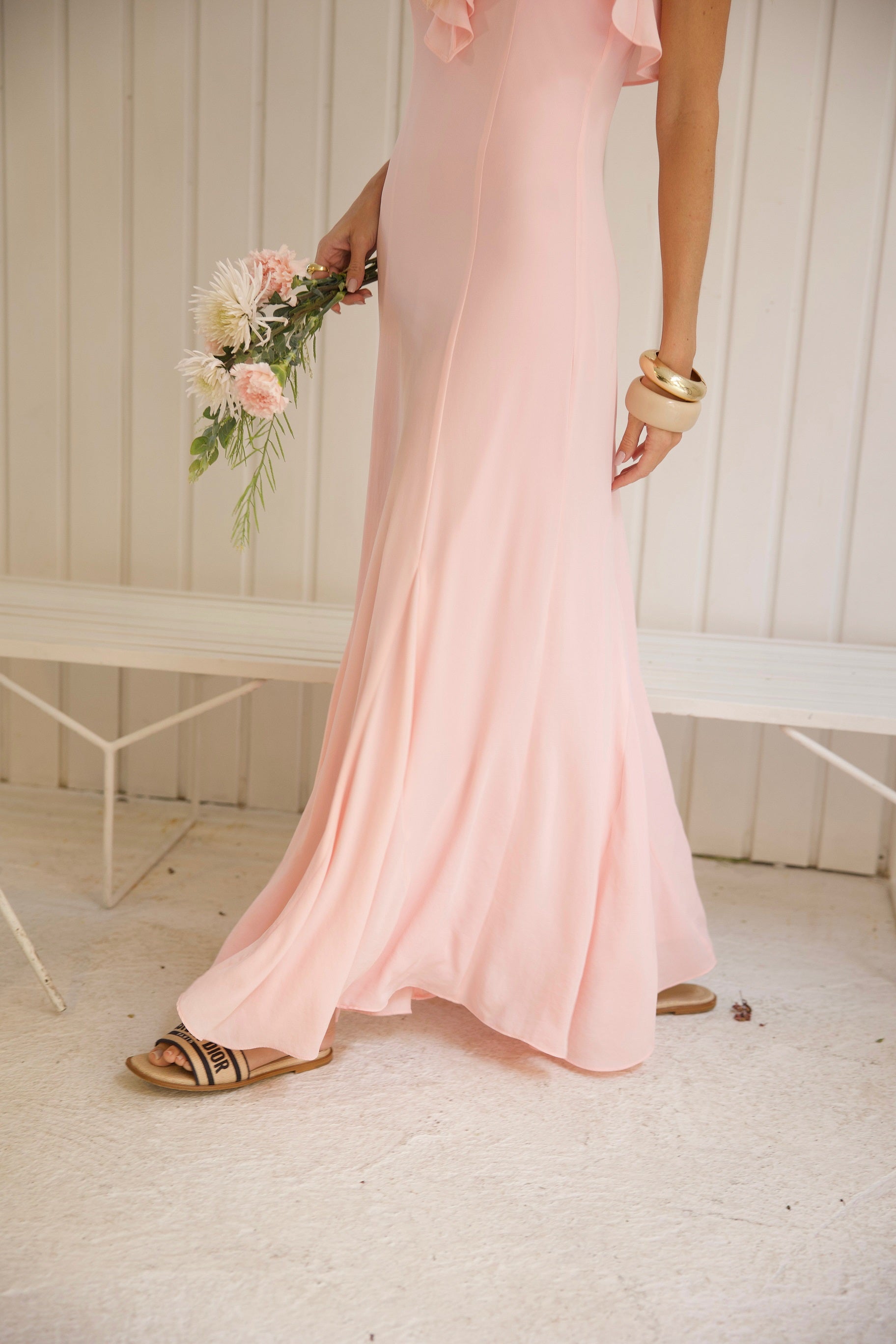 Vestido Longo Babados em Chiffon