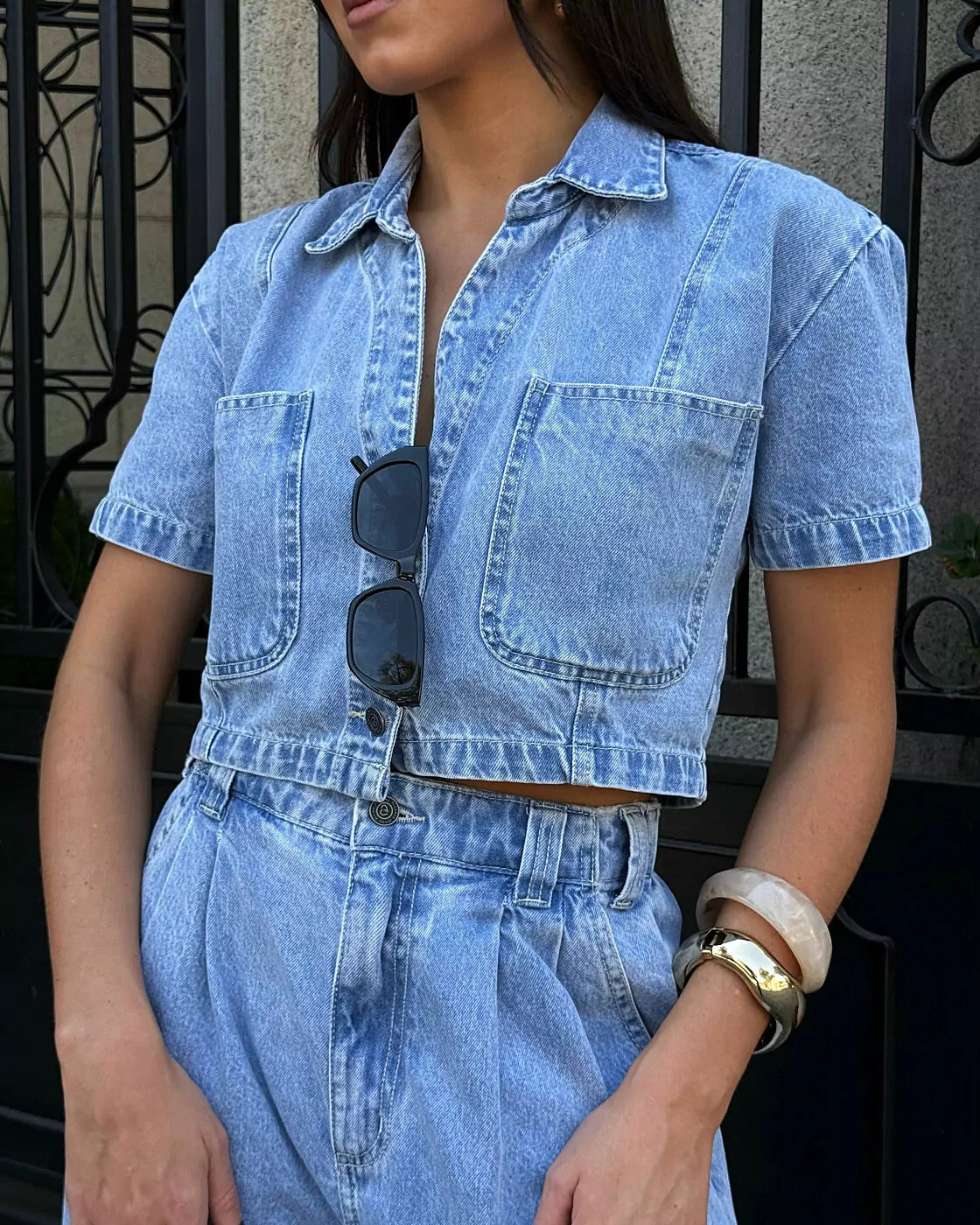 Camisa Cropped Manga Curta Azzurra Jeans