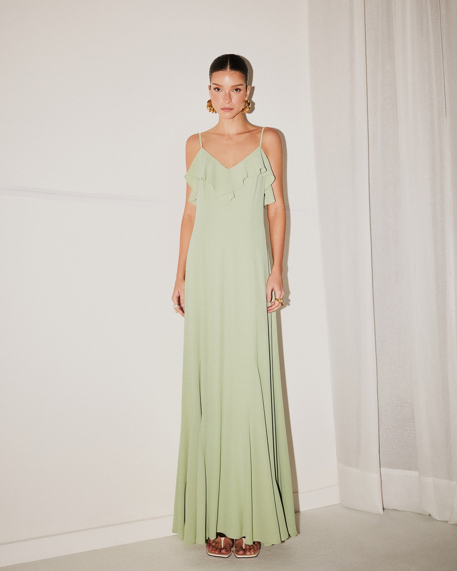 Vestido Longo Babados em Chiffon