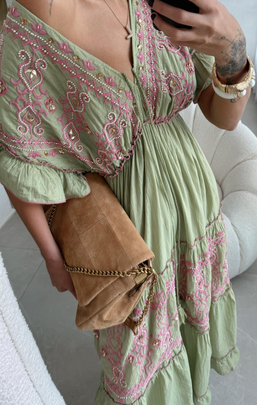 Vestido Boho Manga Curta Longo Bordado