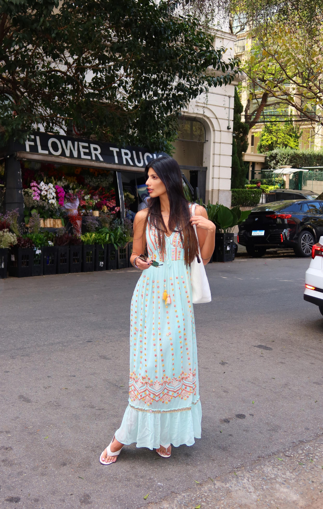 Vestido Boho Style Alcinha Longo Bordado Turquesa