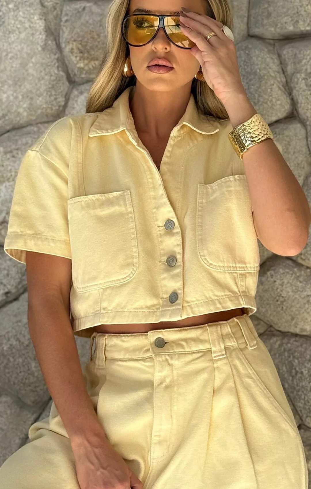 Camisa Cropped Manga Curta Azzurra Jeans