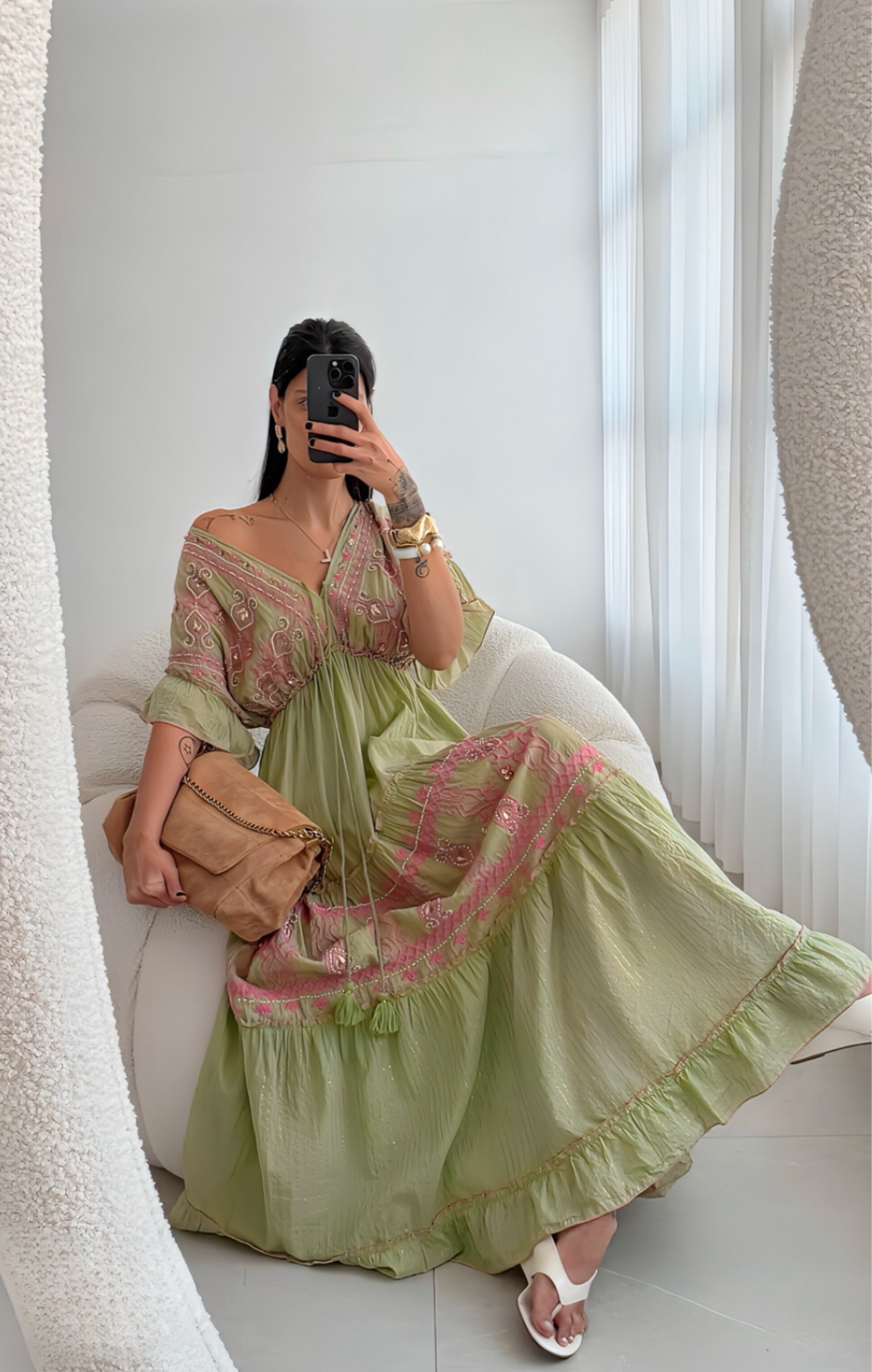Vestido Boho Manga Curta Longo Bordado